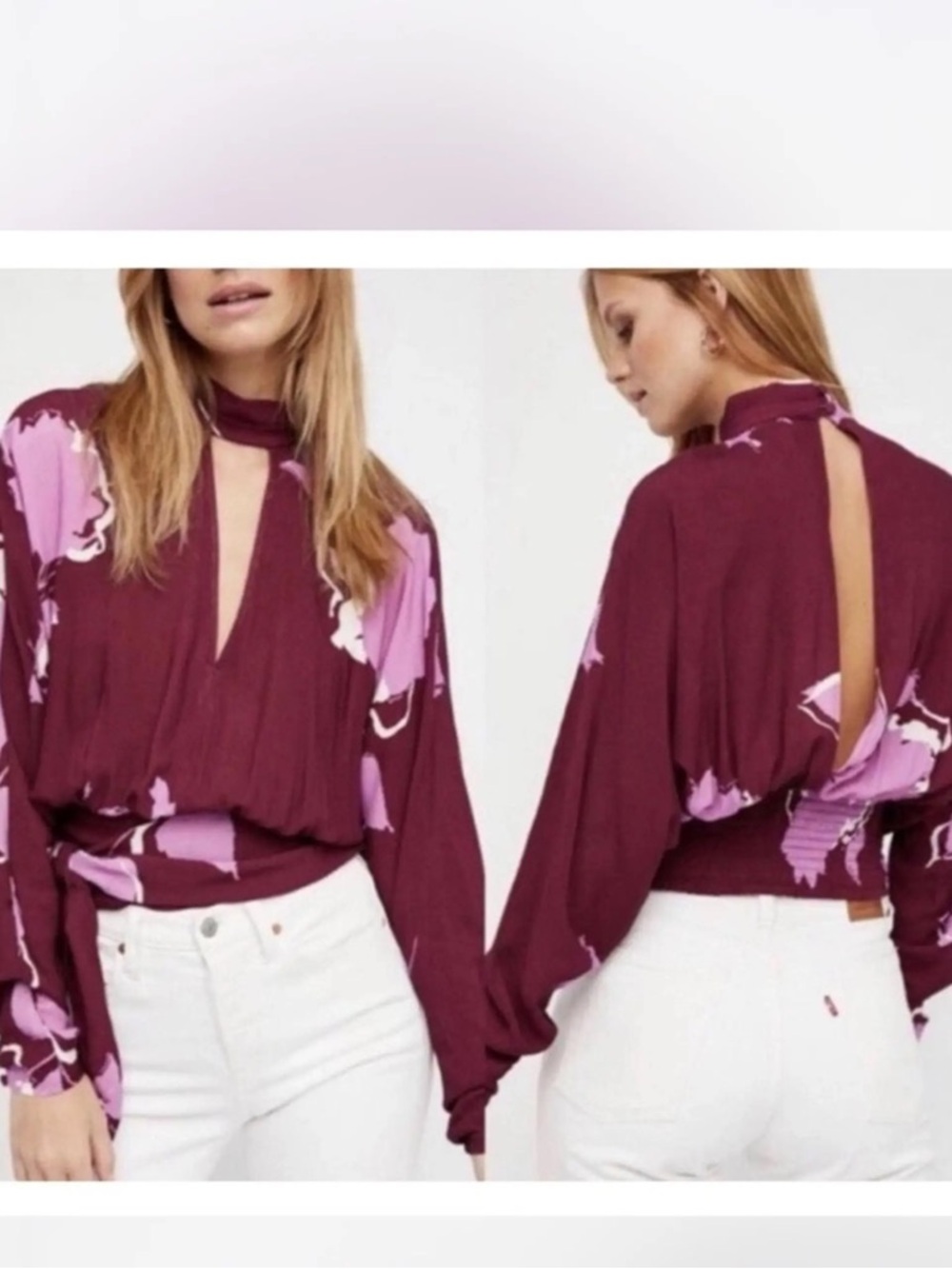 Free People Say You Love Me Floral Print Burgundy Blouse Size Large